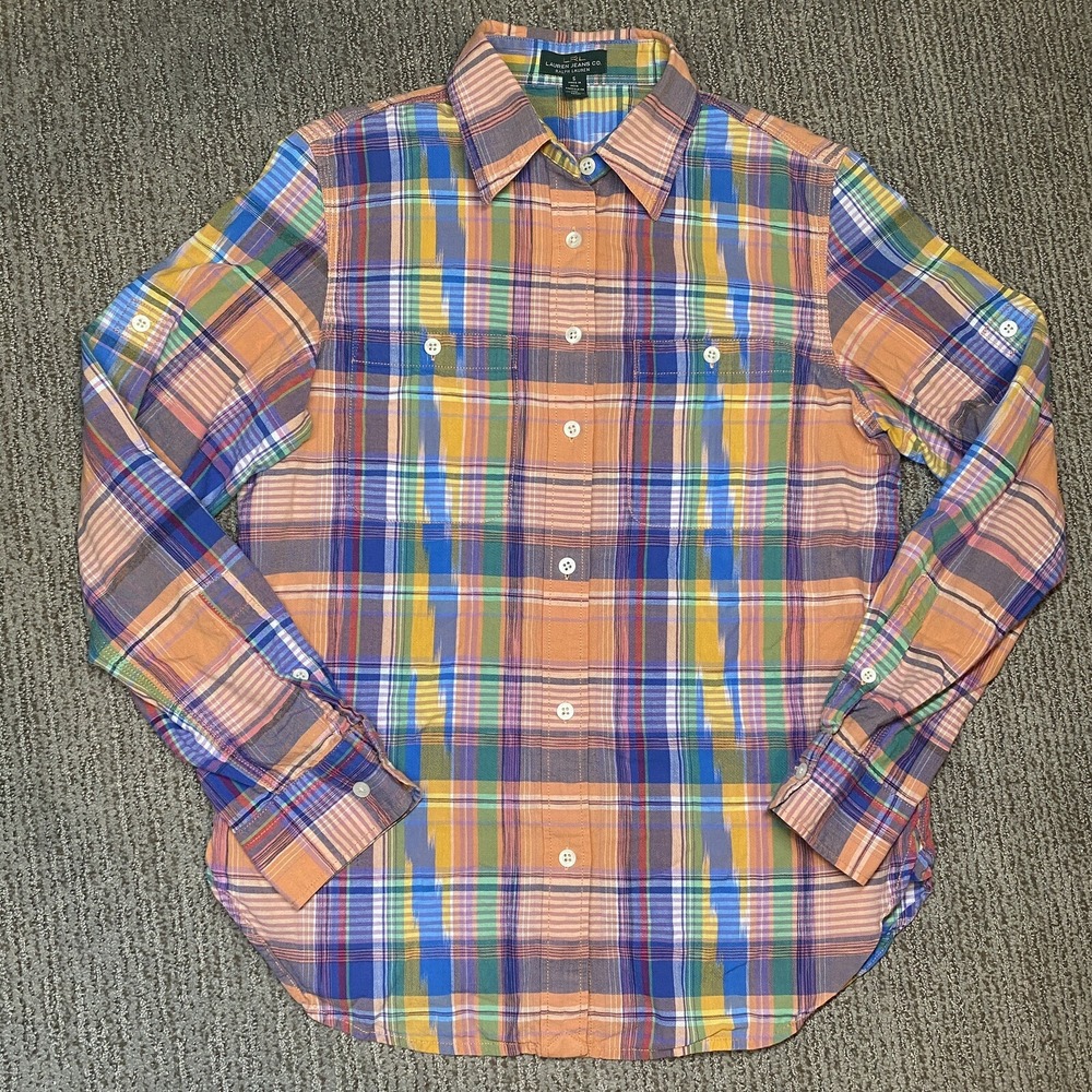 Ralph Lauren Jeans Womens S Button Up Shirt Roll Tab Sleeve Colorful Plaid